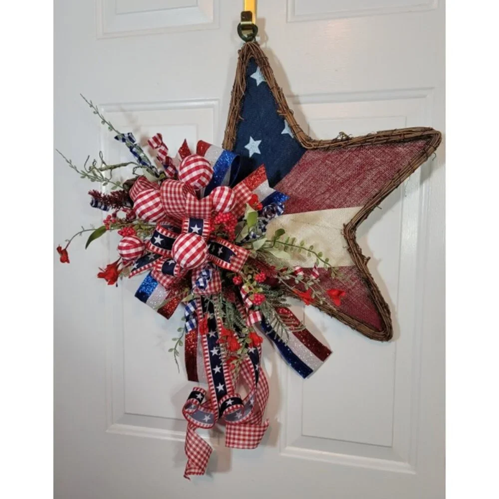 Stars / Stripes Wreath, Red White Blue Burlap Star 4th July Wreath, Hand Crafted